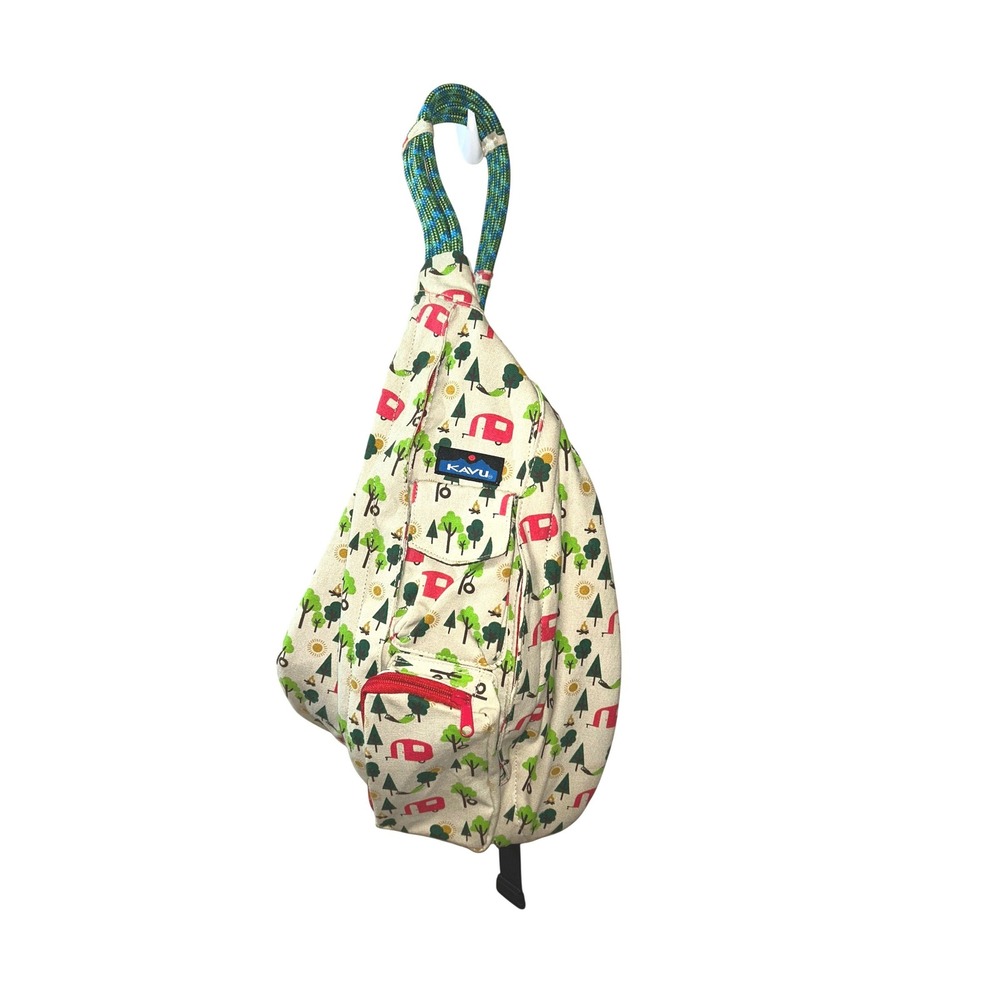 KAVU Rope Bag Sling Backpack Camping Trailer Print Canvas Tan Red Green